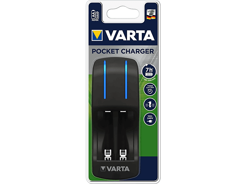 VARTA Pocket Charger Ladegerät für NiMH, Ladegerät Universal, Schwarz Akkus NiMH