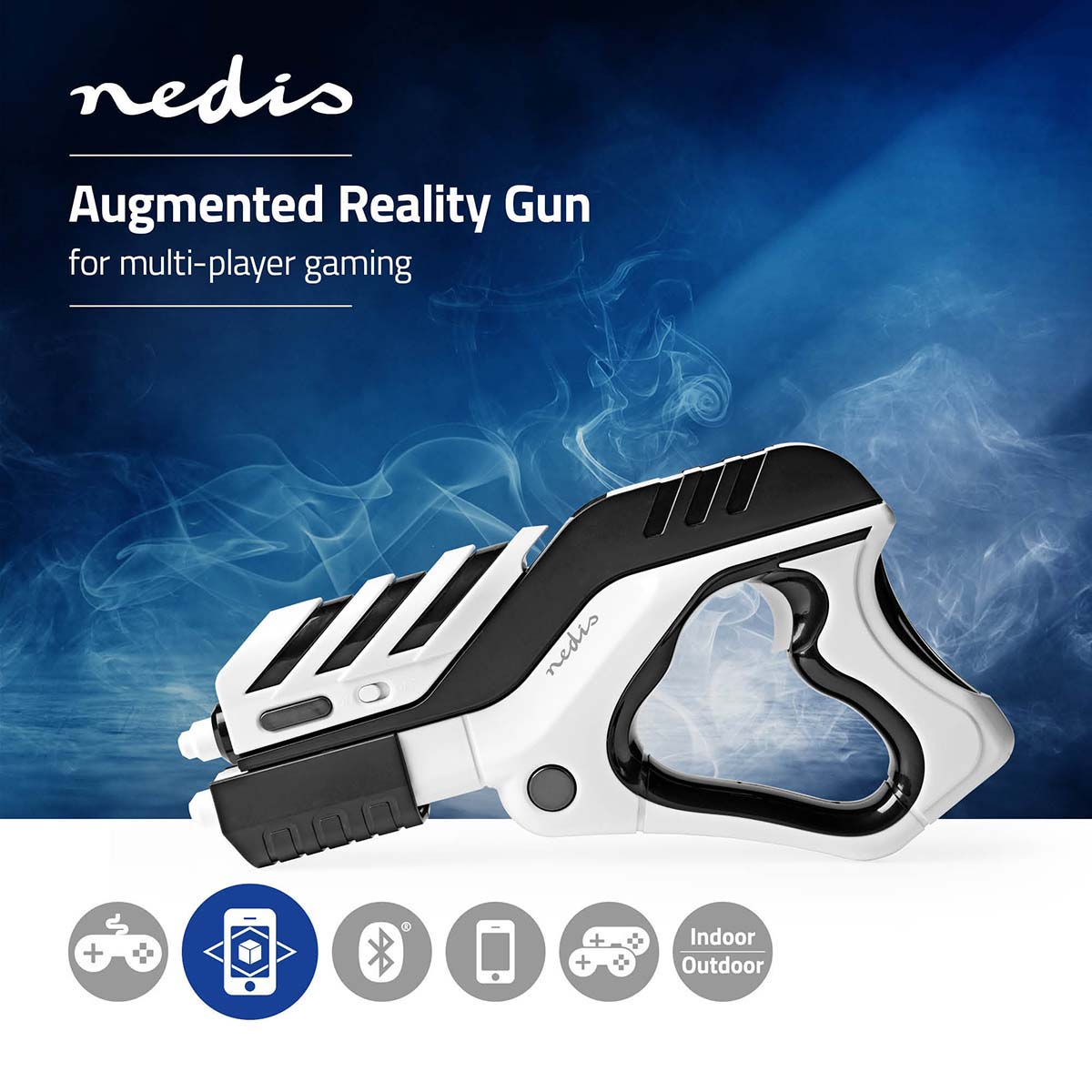 Nedis Augmented Reality Gun für Multiplayer-Spiele vor blauem Hintergrund mit Rauch.