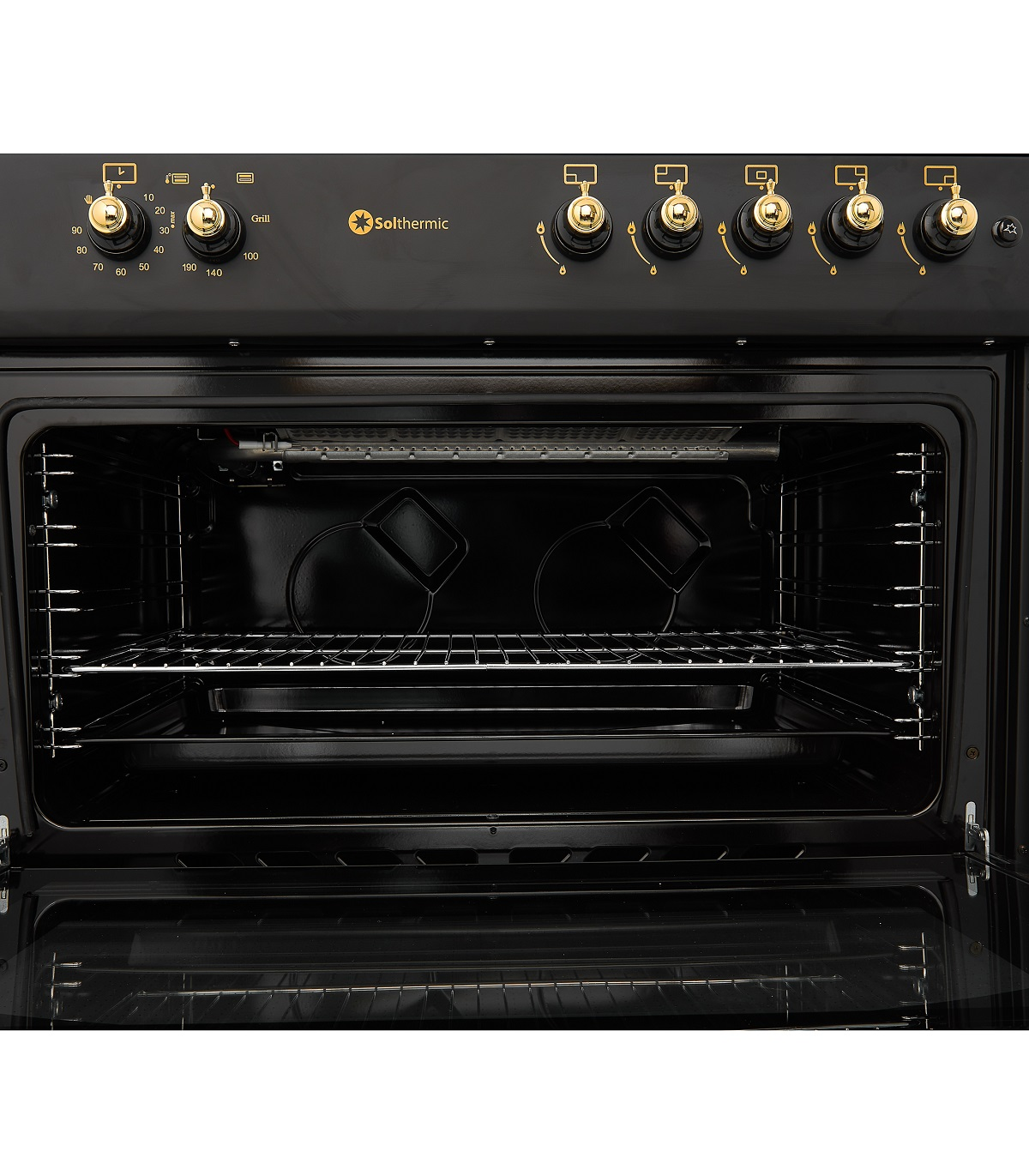Horno Soltherm negro, abierto. Interior con rejillas y manoplas. Panel de control arriba.