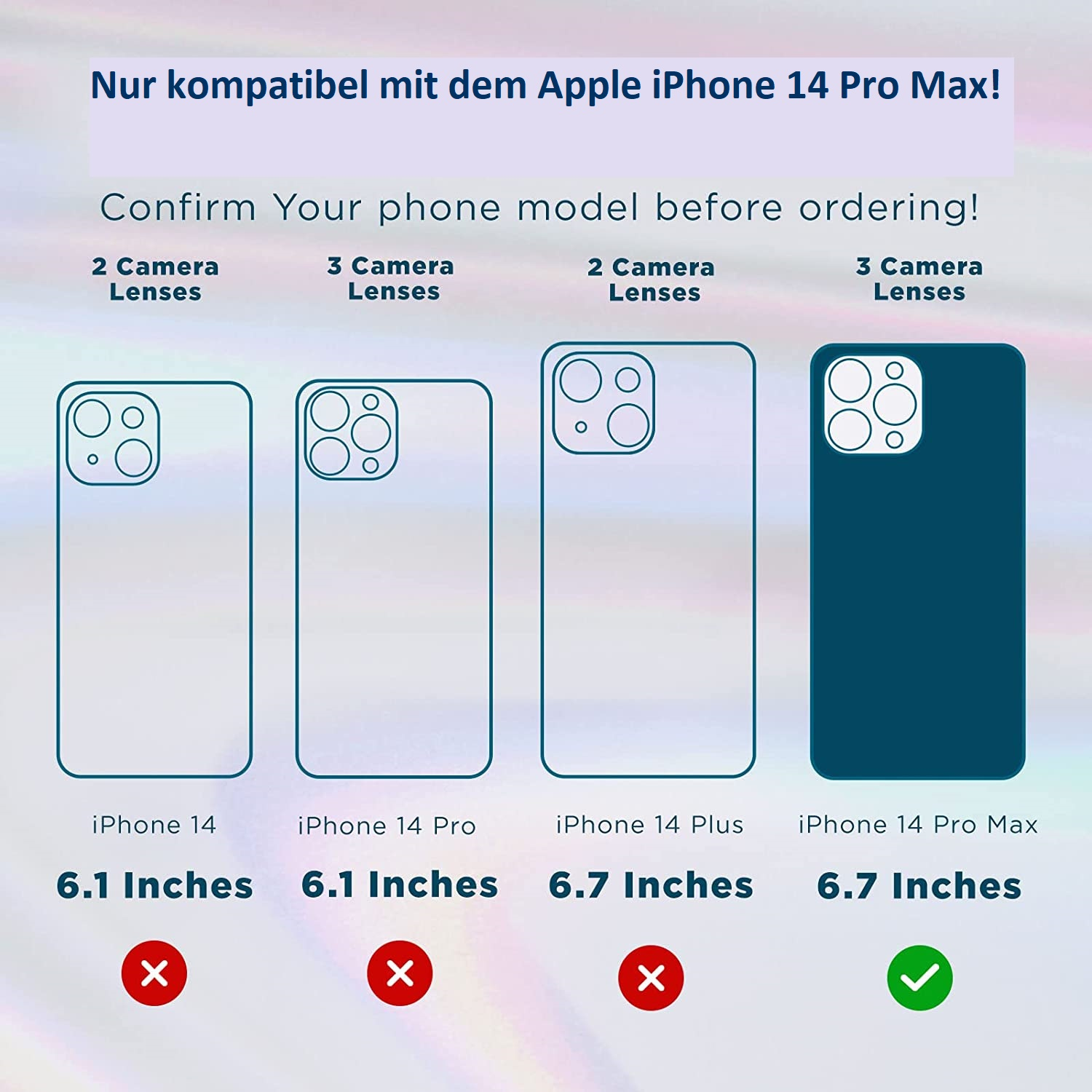 Comparación de cuatro modelos de iPhone. Solo el iPhone 14 Pro Max está marcado como compatible.