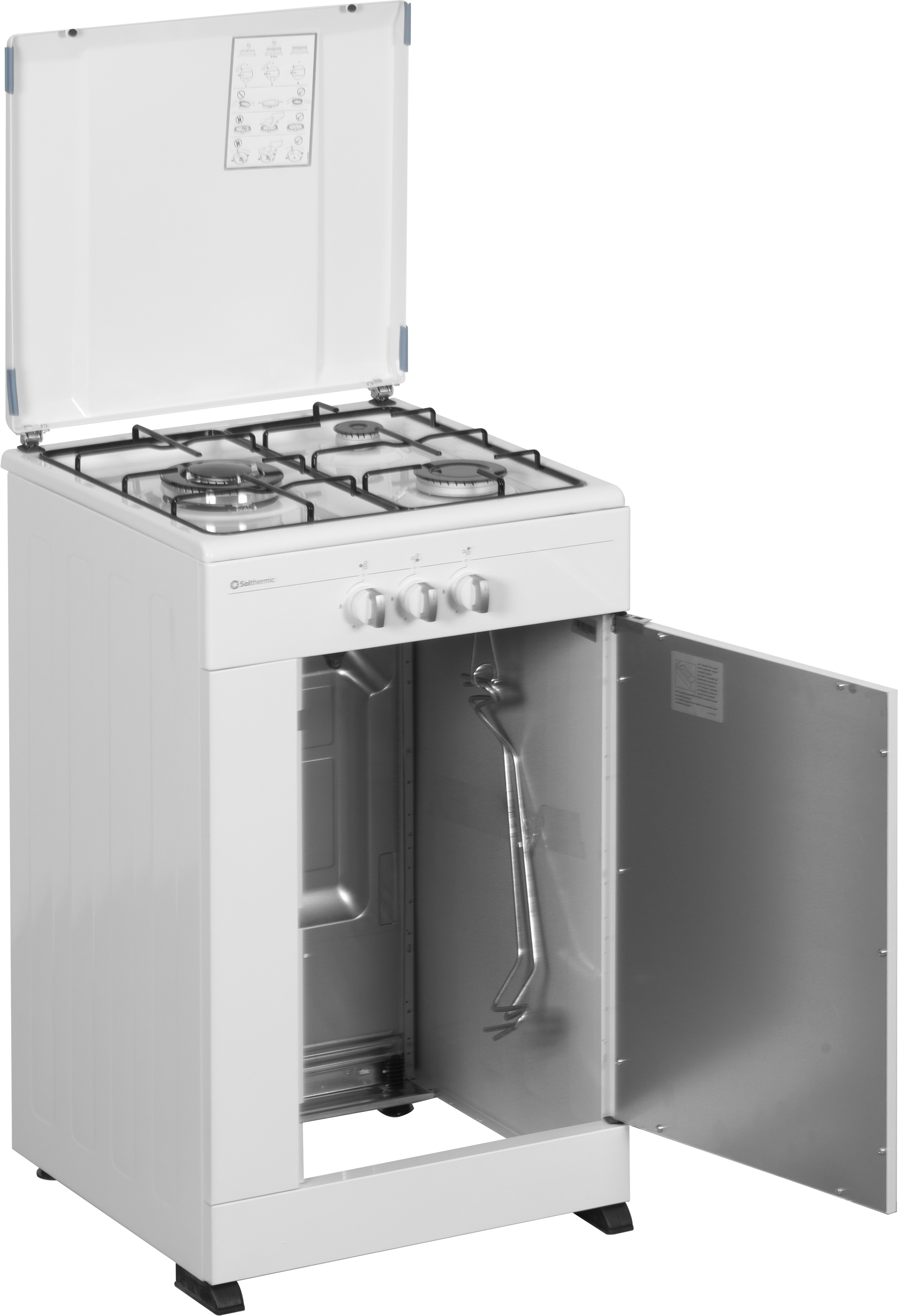 Una estufa de gas blanca con la puerta del horno abierta. La parte superior tiene cuatro quemadores, la tapa también está abierta.