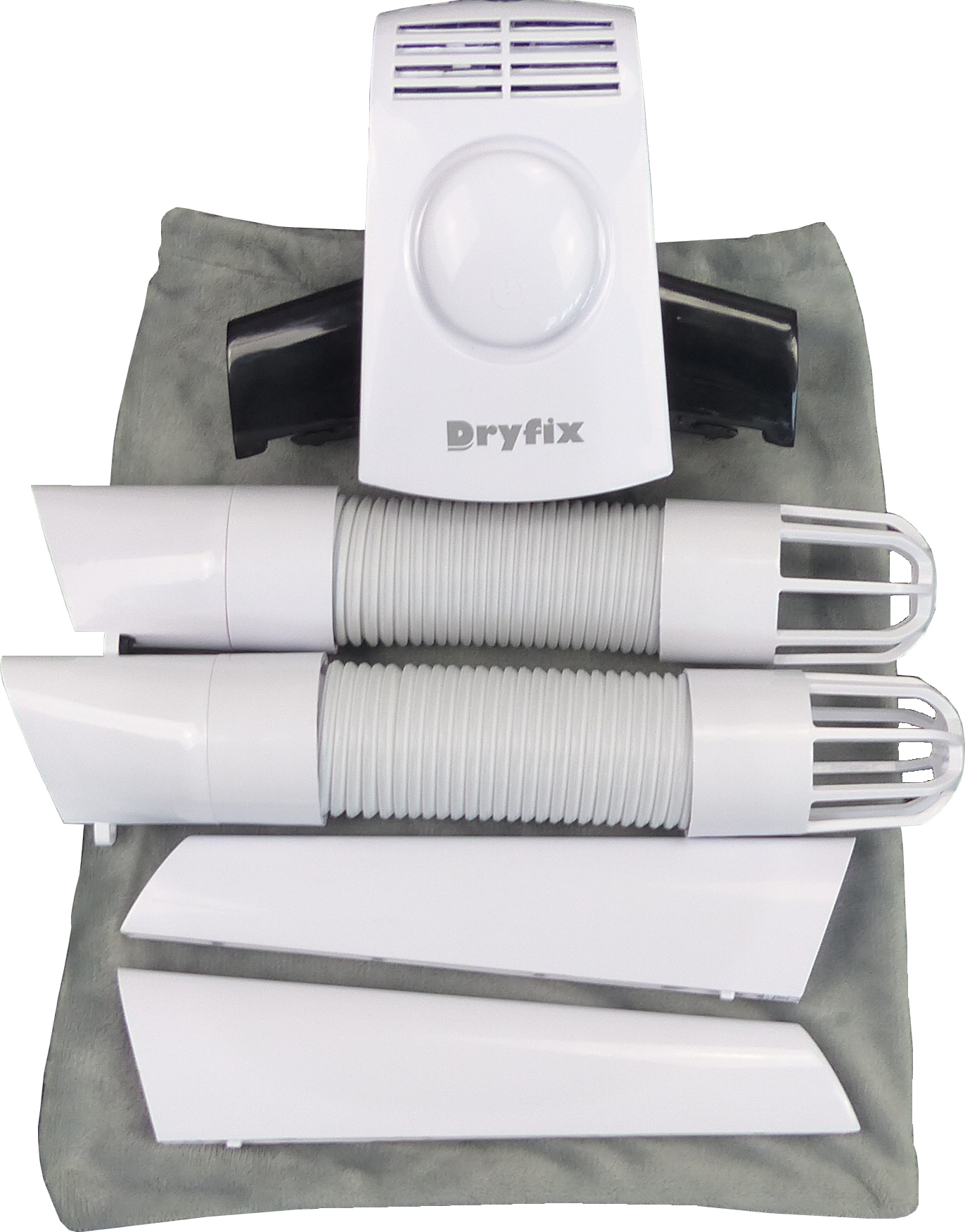 Weißes und schwarzes Dryfix-Gerät demontiert, mit Schläuchen und Paneelen auf grauem Tuch.