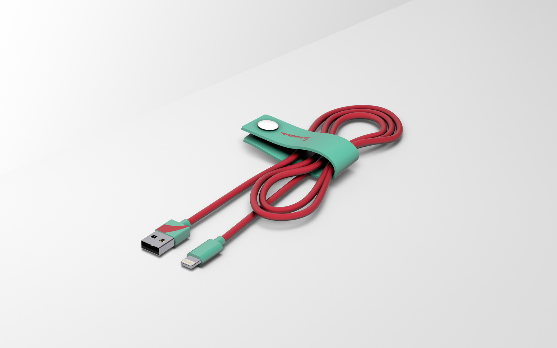 Cavo USB rosso con un supporto verde avvolto, sfondo bianco. Il cavo ha un'estremità USB e Lightning.