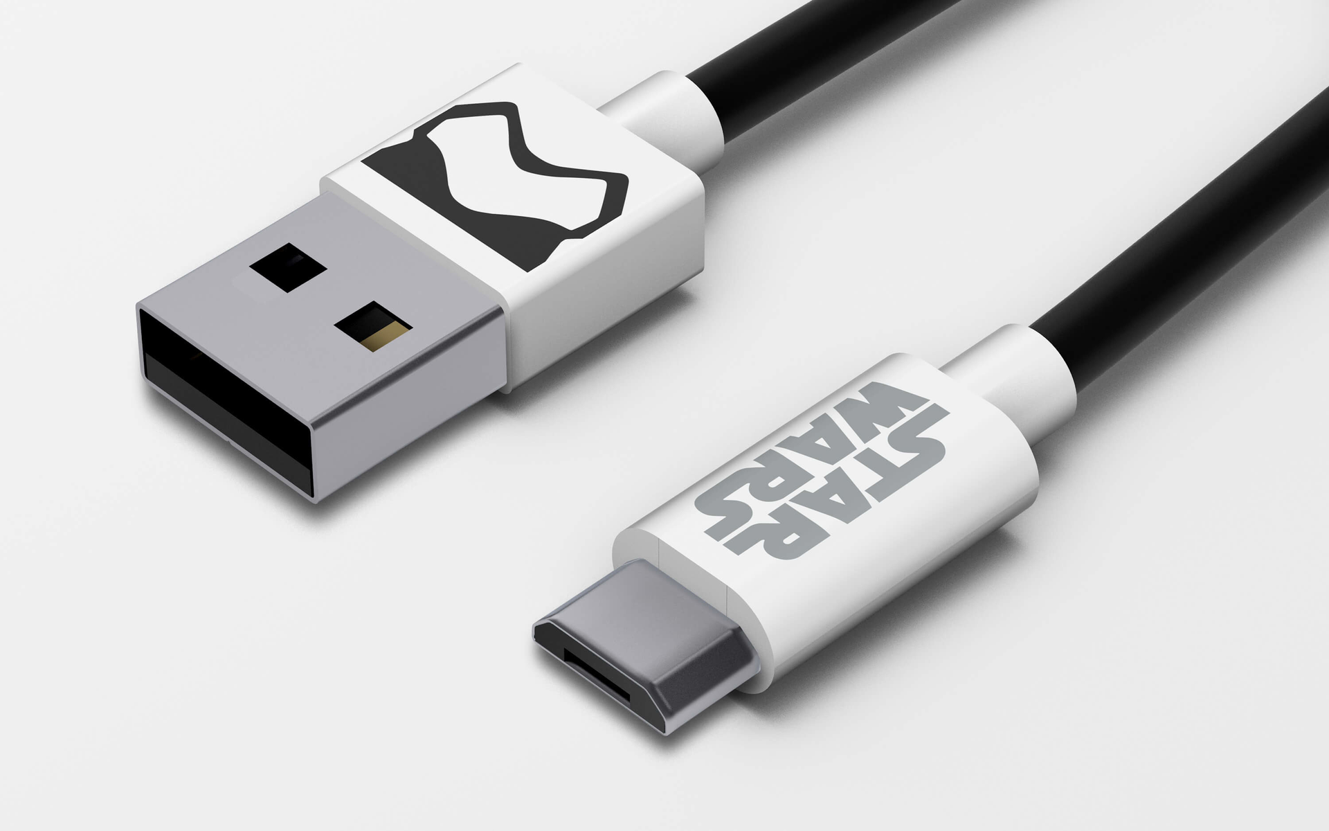 Cavo USB di Star Wars. Dispone di un connettore USB e USB-C. Un connettore ha il logo di Star Wars.