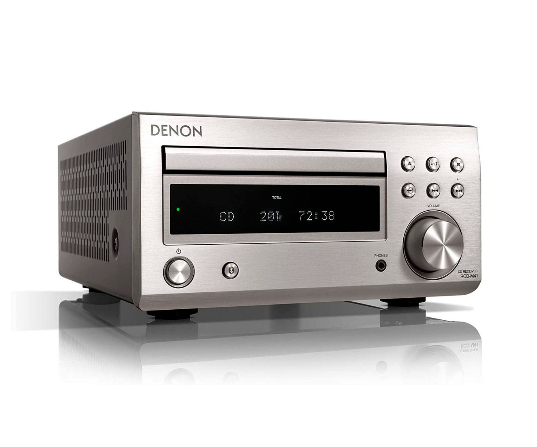 Reproductor de CD Denon plateado. La pantalla del CD muestra 'CD 20T 72:38'. Botones de volumen, reproducción y funciones.