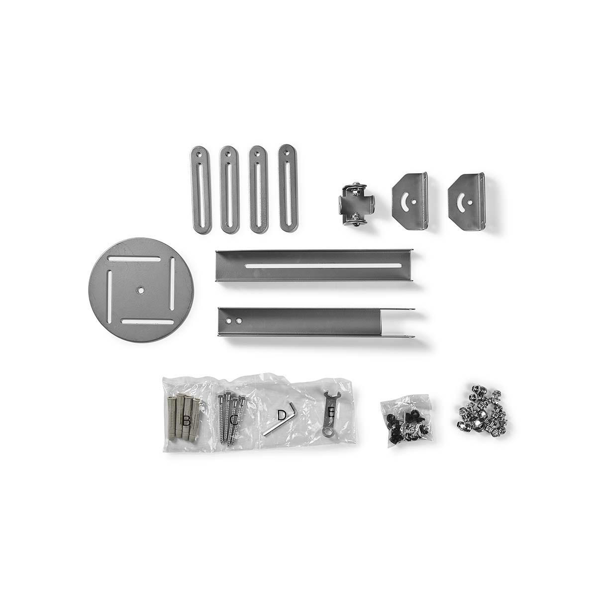 Various silver metal hardware parts, screws, and small bags on white background.