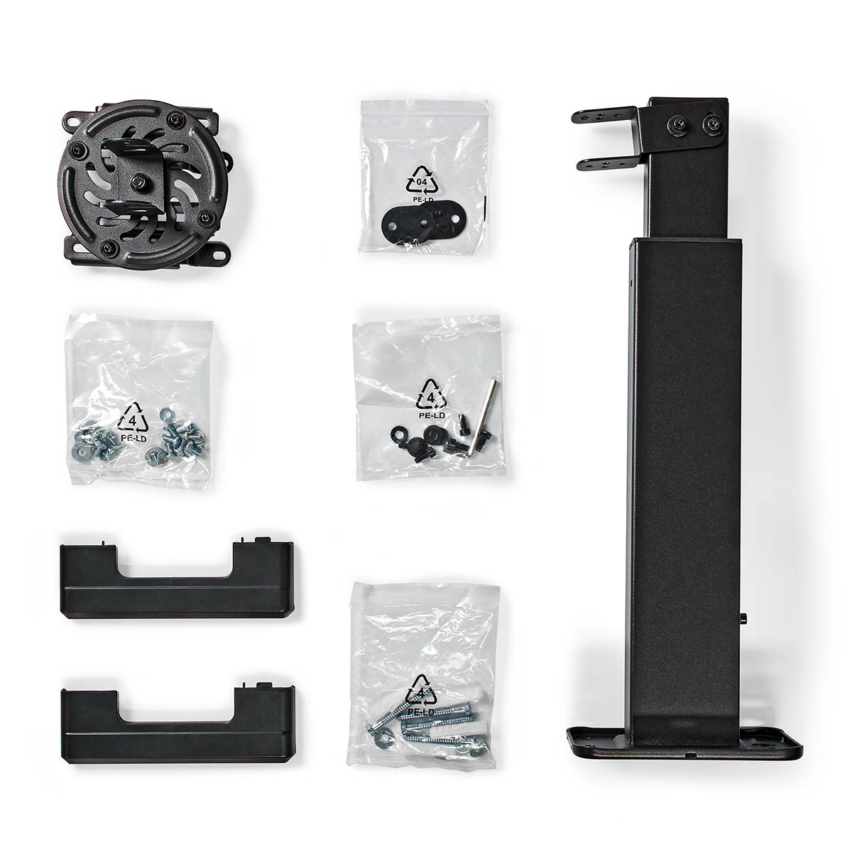 Several TV bracket parts and screws, on a white background.