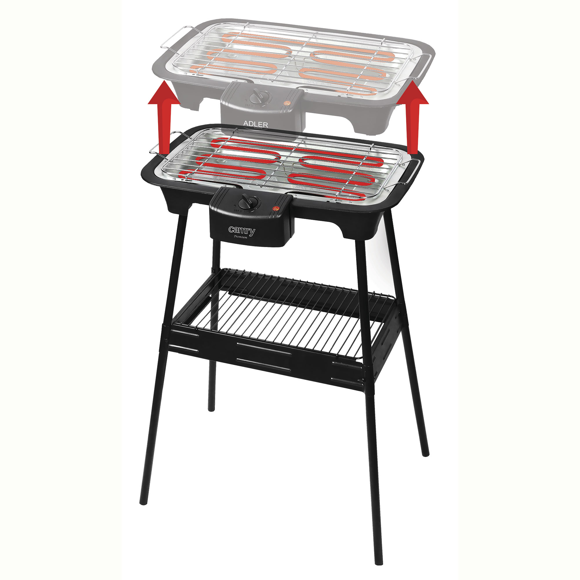 Schwarzer Elektrogrill mit roten Heizelementen. Pfeile zeigen das Anheben des Oberteils. Schwarze Beine stützen den Grill.