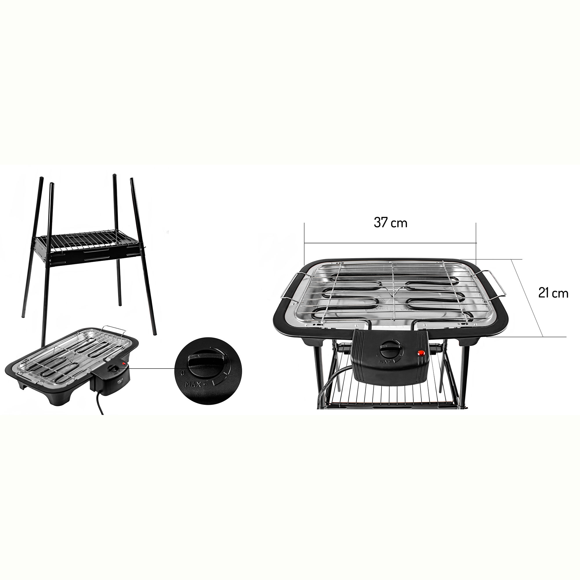 Elektrischer Grill mit zwei Ständern, Maßen und schwarzem Bedienfeld.
