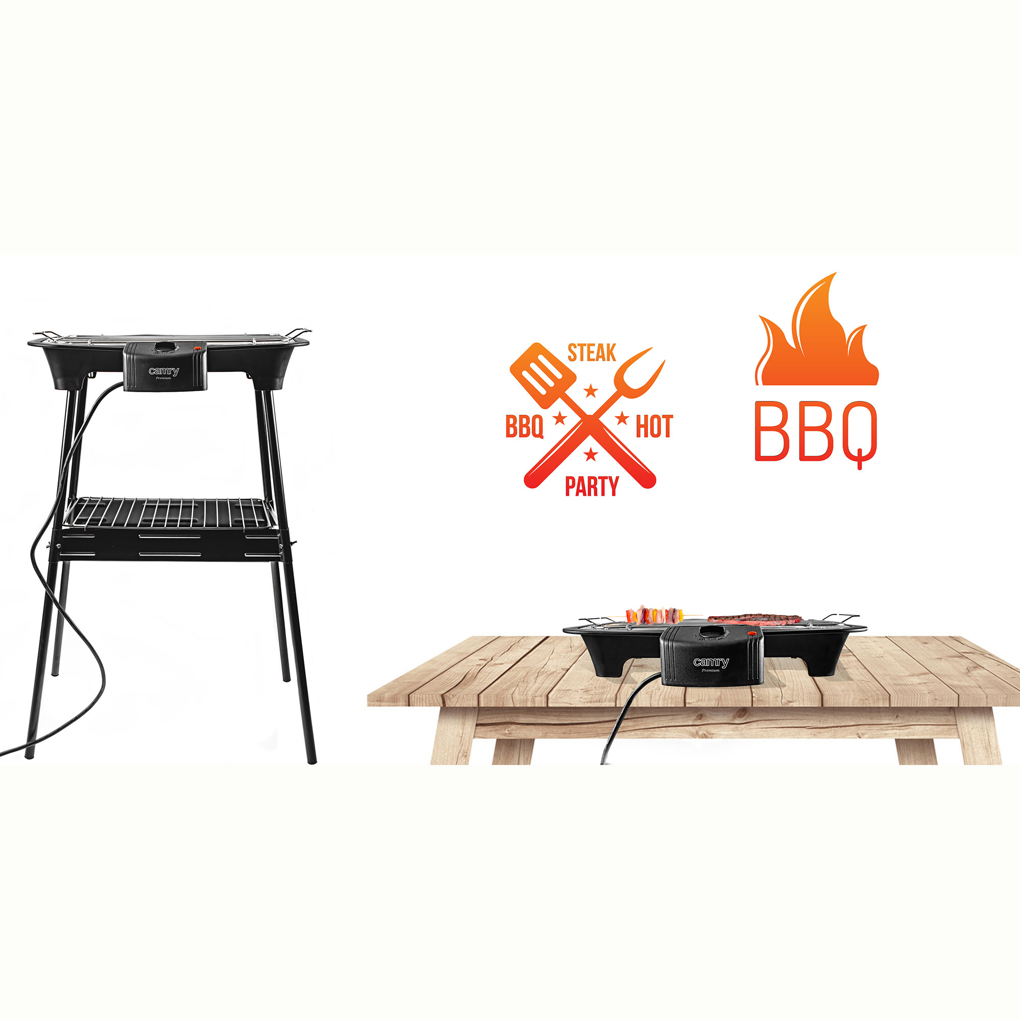 Elektrischer Grill mit Tisch, Essen und BBQ-Logo. Auf weißem Grund.