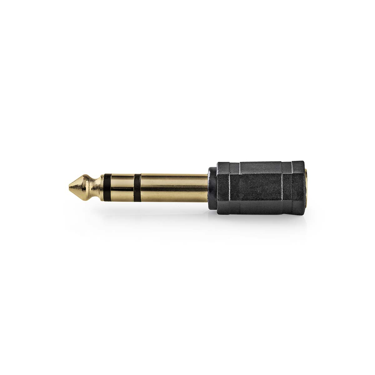 Un adattatore jack audio oro e nero, progettato per convertire una spina da 3,5 mm in una spina da 6,35 mm.