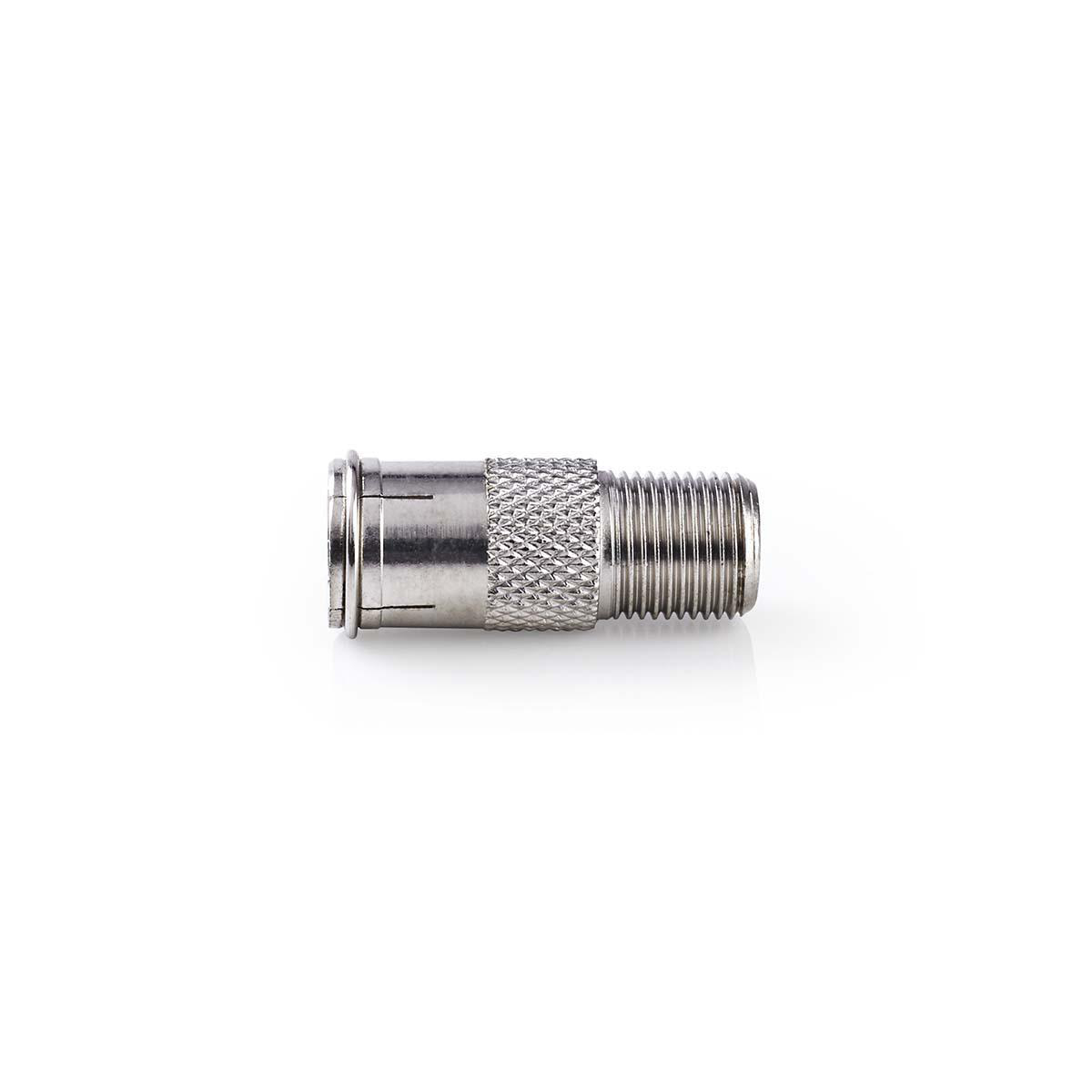 Ein silberfarbener F-Stecker für ein Kabel mit Gewinde.