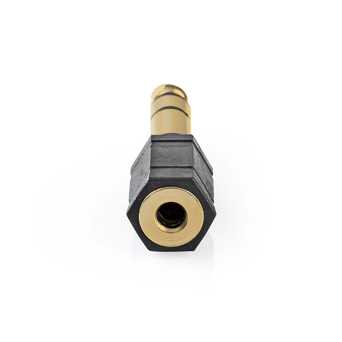 Adattatore audio color oro con base esagonale nera. Ha un connettore color oro a ciascuna estremità.