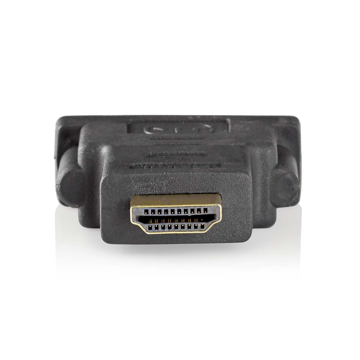Adattatore da HDMI a DVI nero. Il connettore HDMI è color oro.