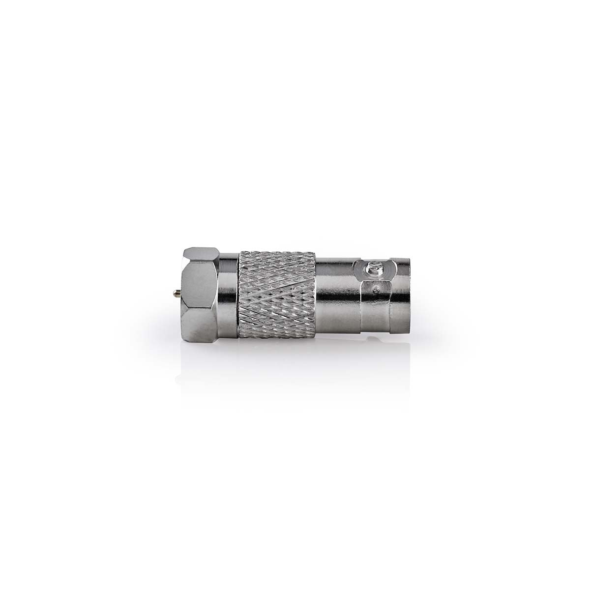 Silberner Koaxialstecker mit Gewindeende und zentralem Stift. Isoliert auf weißem Hintergrund.