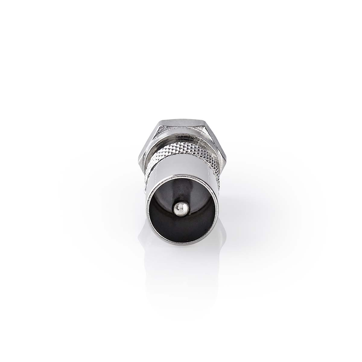 Ein silberfarbener Koaxialkabelstecker. Das Kabel fehlt.