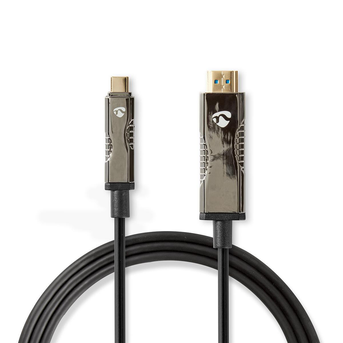 USB-C to HDMI cable, black with silver connectors.