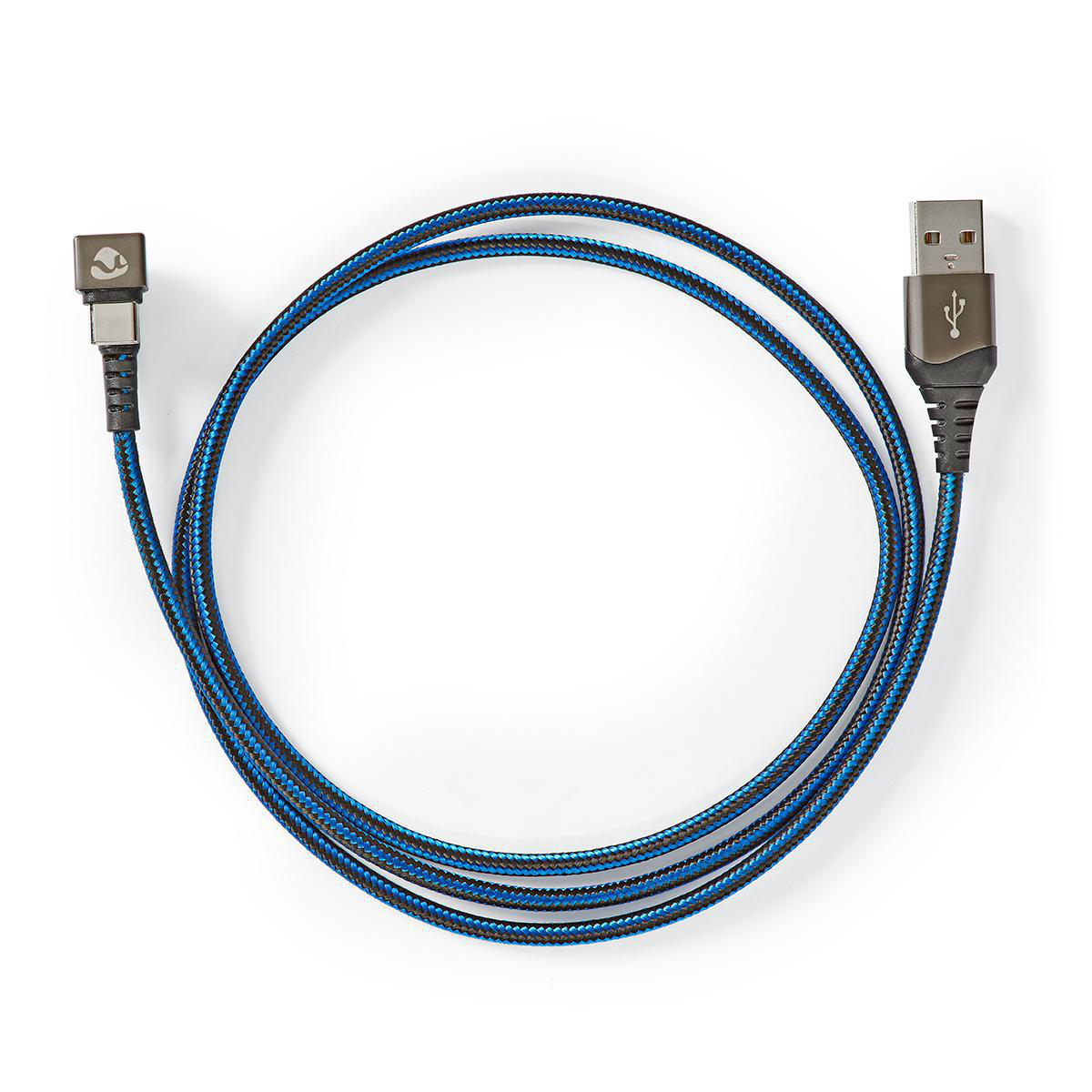 Cavo USB blu e nero su sfondo bianco.