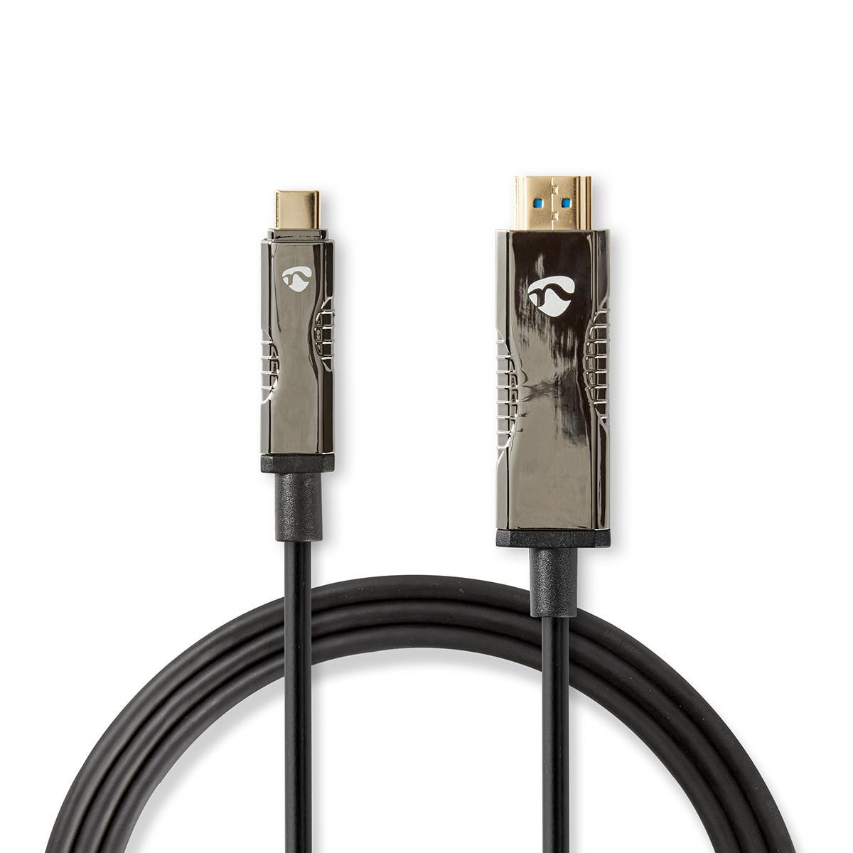 Black USB-C to HDMI cable with metallic ends on a white background.