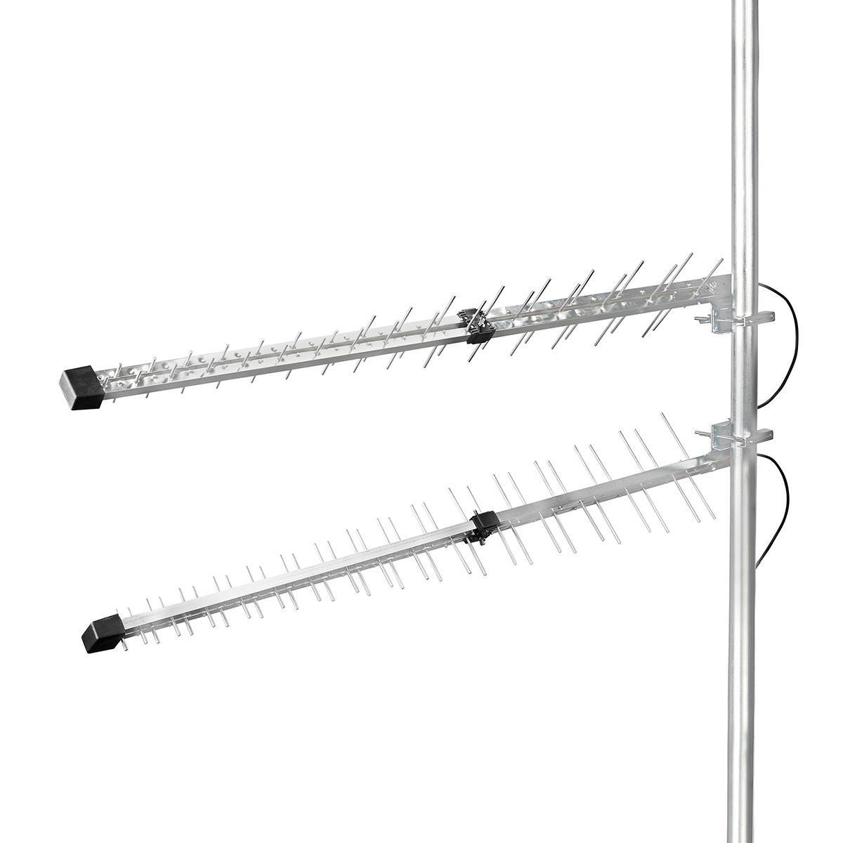 Zwei Antennen auf weißem Hintergrund. Sie sind silberfarben mit schwarzen Elementen und an einem Mast.