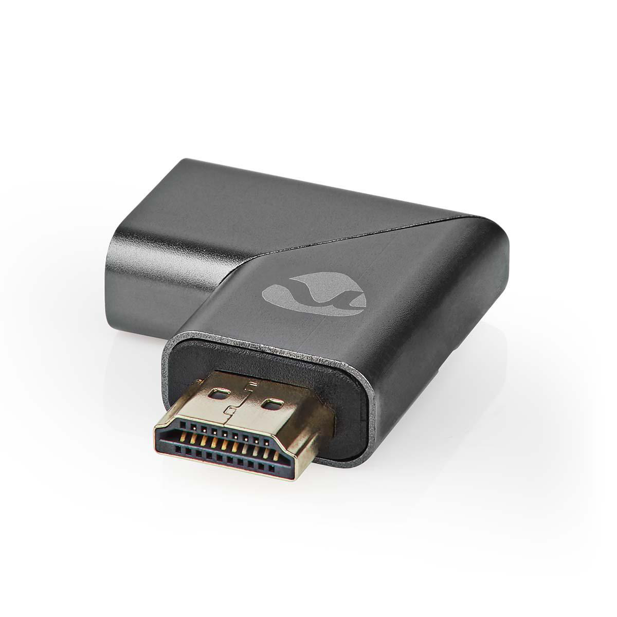 Dunkelgrauer HDMI-Adapter mit silbernem Stecker. Weißer Hintergrund.