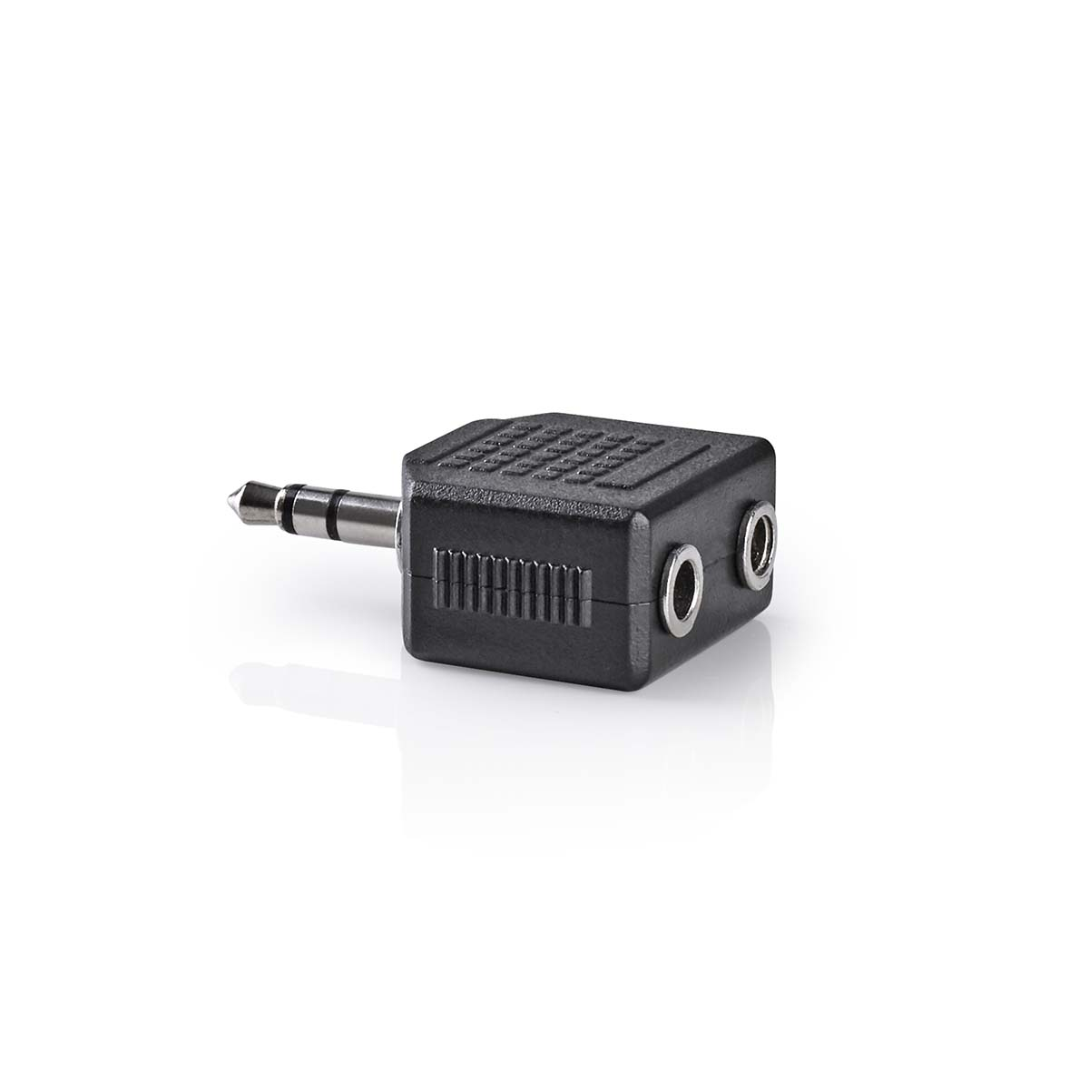 Schwarzer Audioadapter mit zwei Buchsen und einem Stecker.