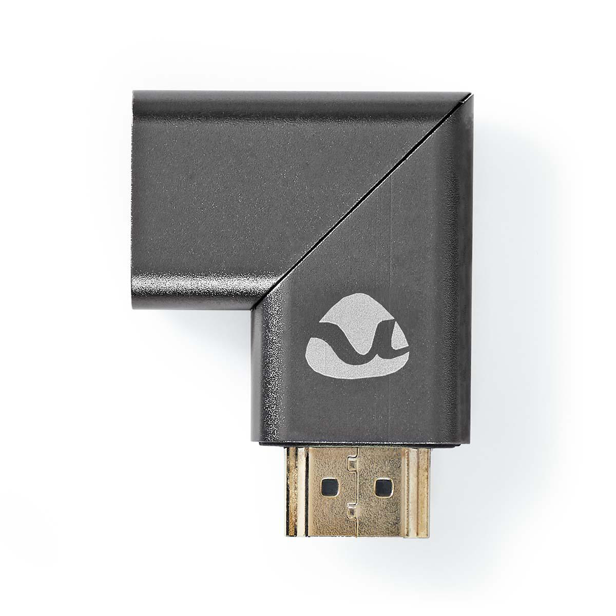 Schwarzer, L-förmiger HDMI-Adapter auf Weiß. Er hat einen silbernen HDMI-Anschluss.