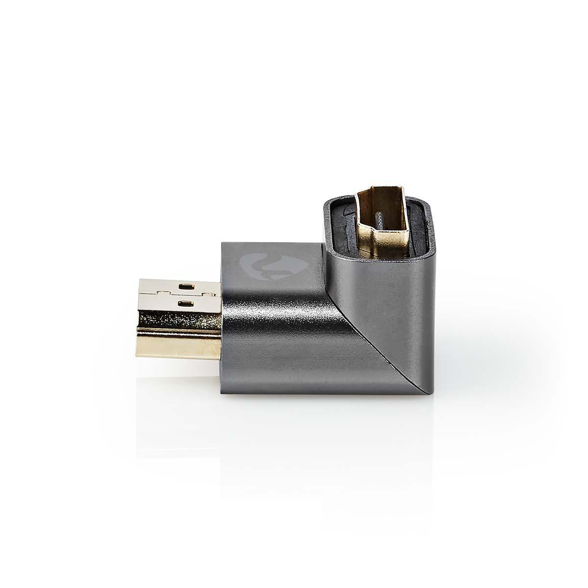 Ein grauer, abgewinkelter Adapter mit USB- und DisplayPort-Anschluss.