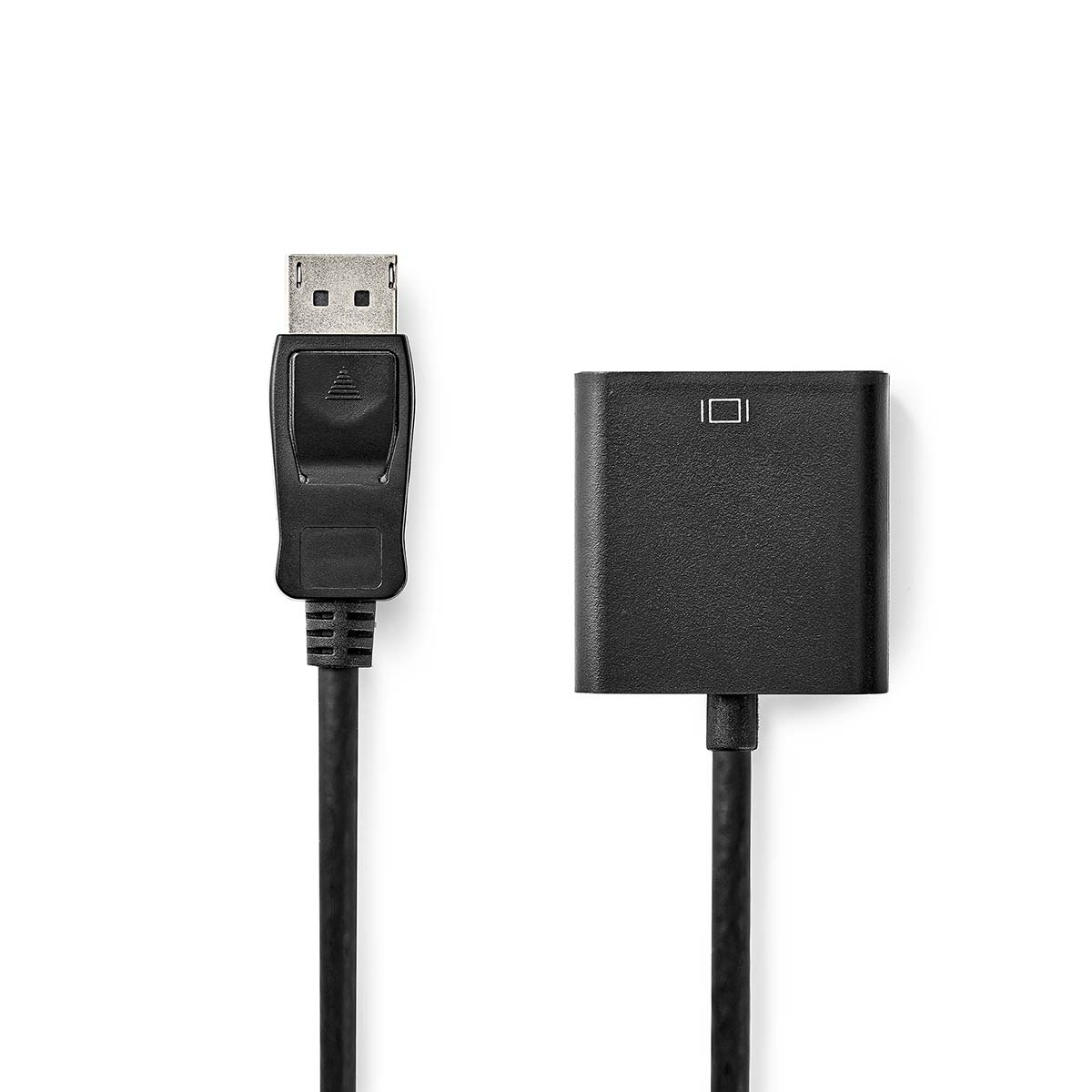 Cavo adattatore da DisplayPort a HDMI nero. Sfondo bianco.