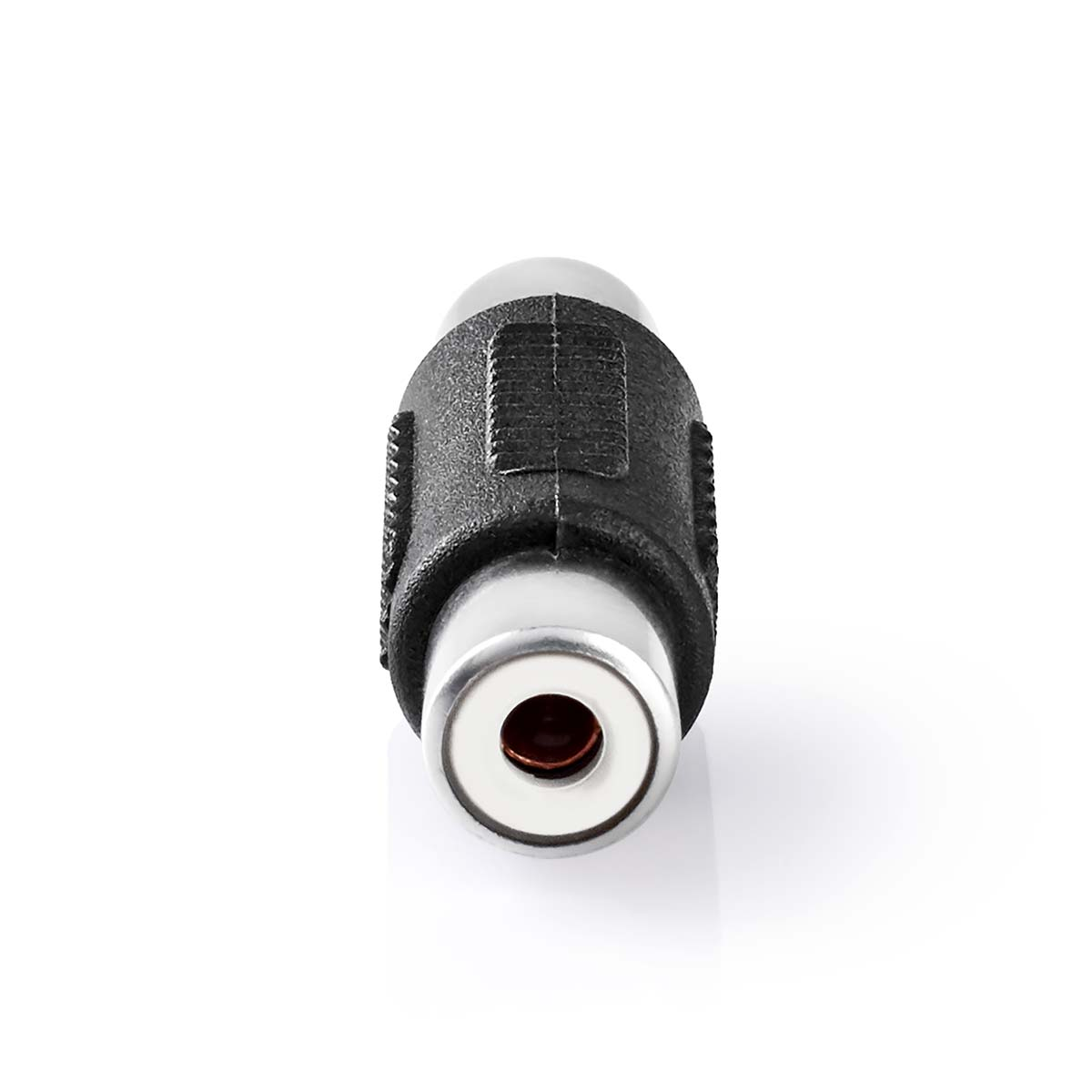 Un connettore RCA nero con interno bianco, isolato su sfondo bianco.