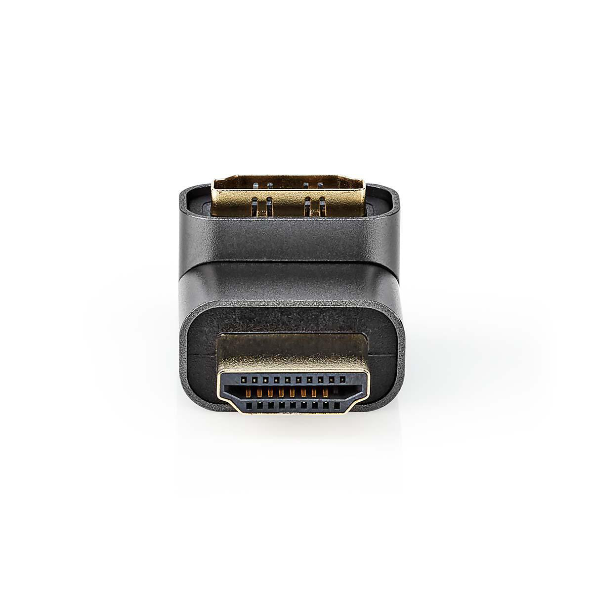 Adaptateur HDMI noir avec connecteurs dorés, sur une surface blanche.