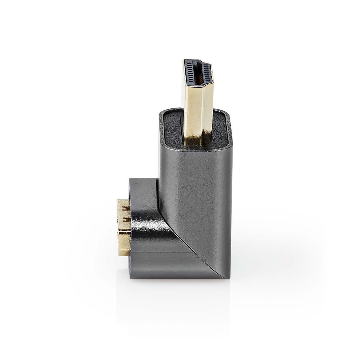 Un adaptateur HDMI avec une conception à angle droit. Le connecteur est doré.