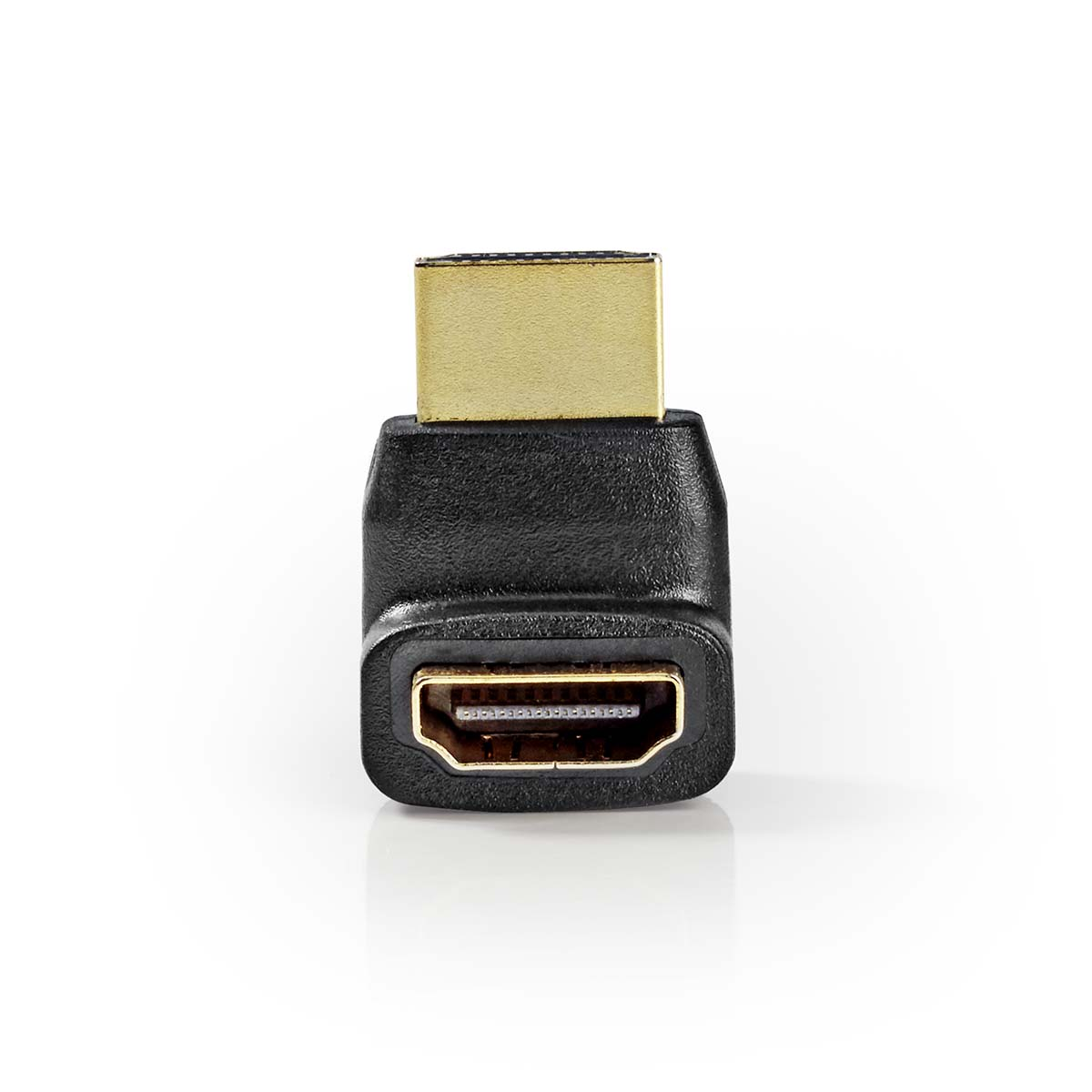Un adattatore HDMI nero con connettore maschio dorato e connettore femmina.