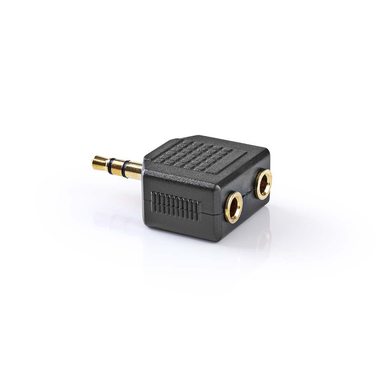 Schwarzer 3,5-mm-Klinken-Splitter, zwei Buchsen und ein Stecker, weißer Hintergrund.
