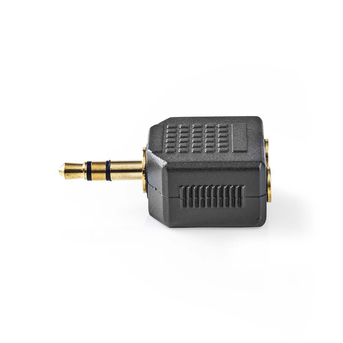 Ein schwarzer Audioadapter mit Goldstecker und drei Anschlüssen.