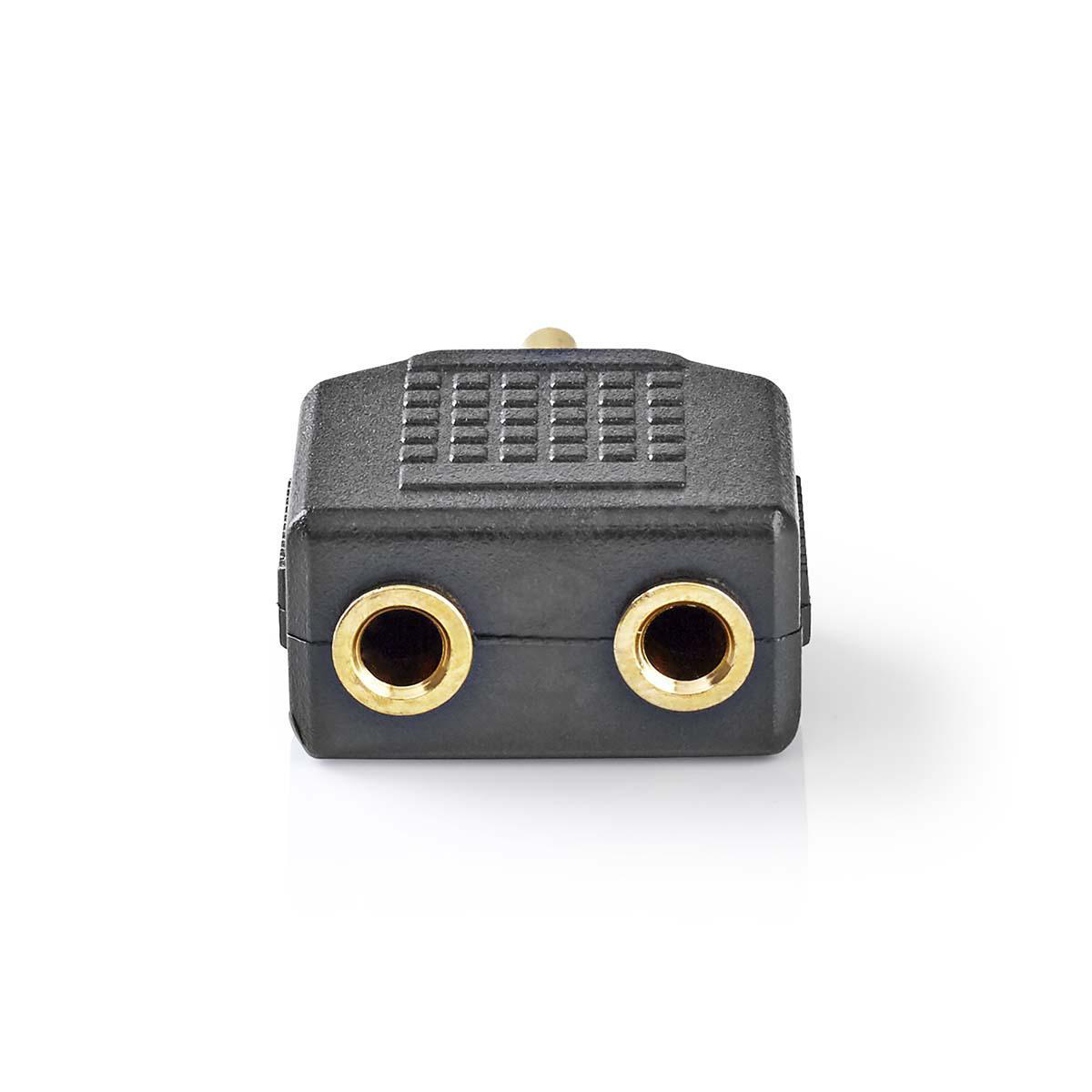 Schwarzer Audio-Splitter mit zwei 3,5-mm-Buchsen. Weißer Hintergrund.