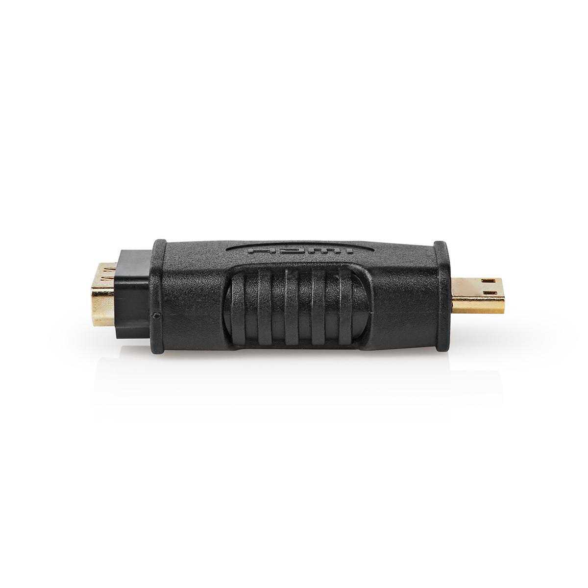Adattatore nero da HDMI a micro-HDMI. Connettori dorati. Sfondo bianco.