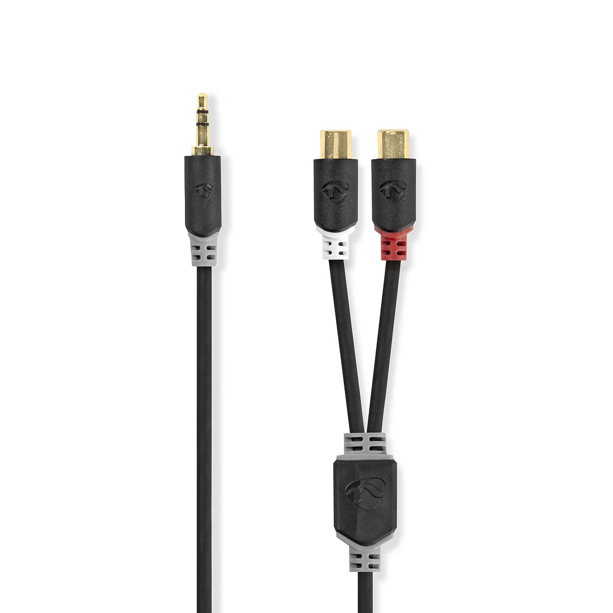 Audio cable. A 3.5mm jack to two RCA connectors, black and red.