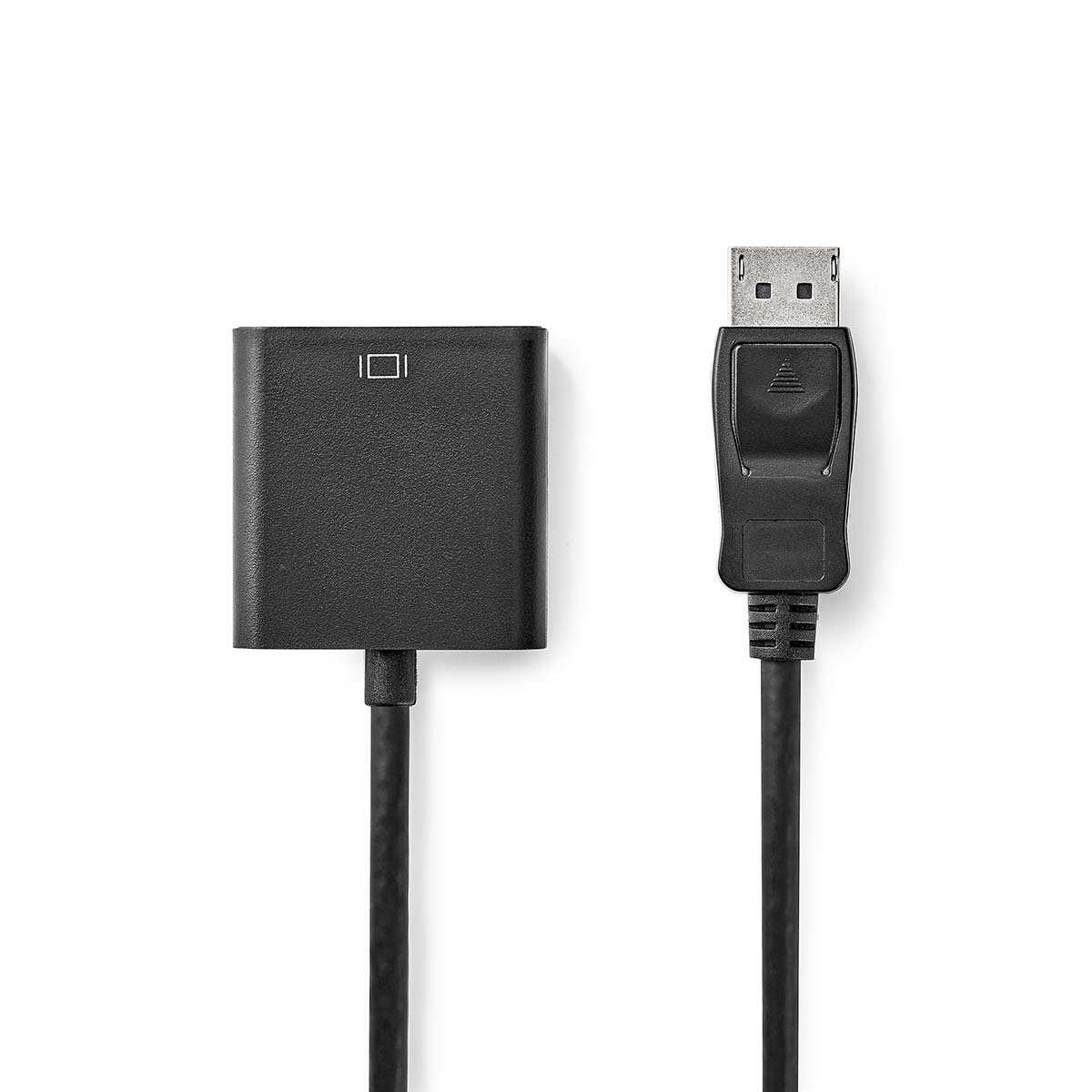 Ein schwarzer DisplayPort-Adapter mit DisplayPort-Anschluss auf weißem Hintergrund.