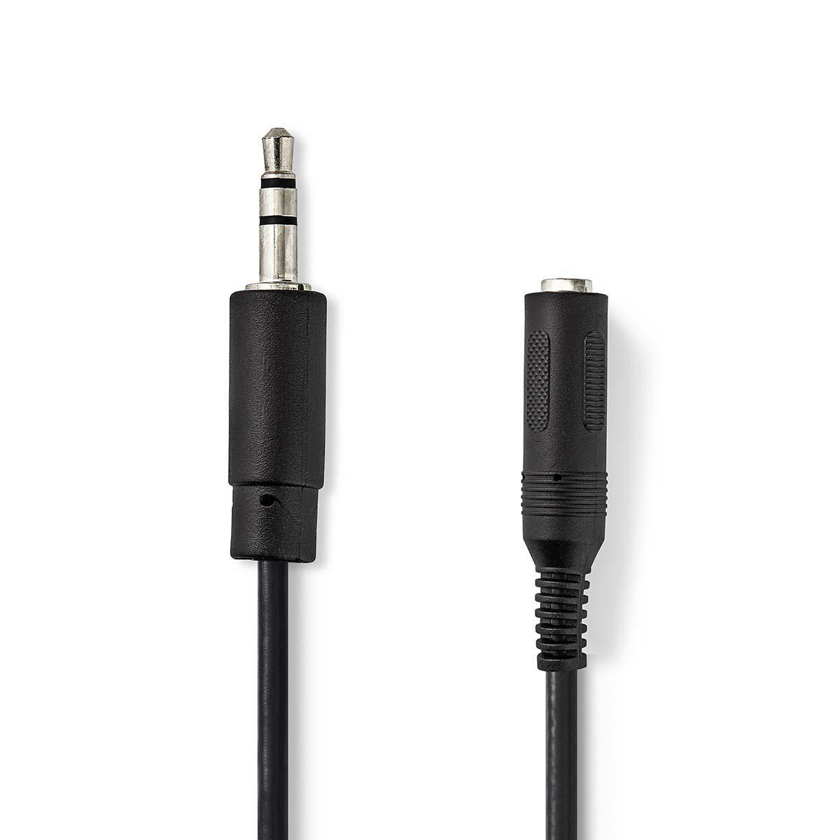 Schwarzes 3,5-mm-Audio-Kabel und -Anschluss auf weißem Hintergrund.