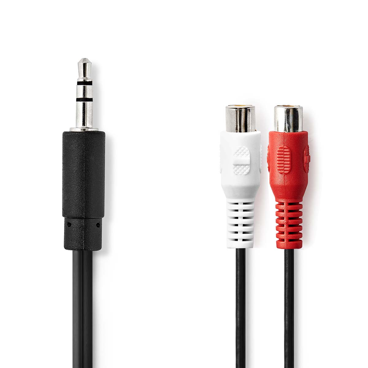 Black and red audio cables with connectors on a white background.