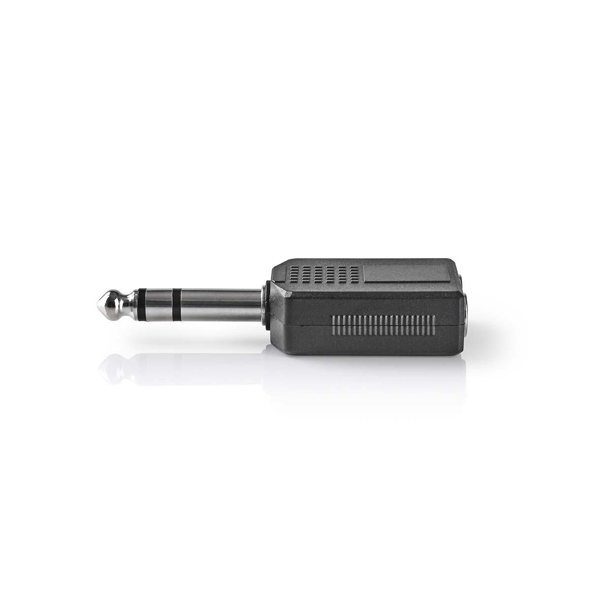 Zwarte 6,35 mm naar 6,35 mm stereo-adapter, tegen een witte achtergrond.