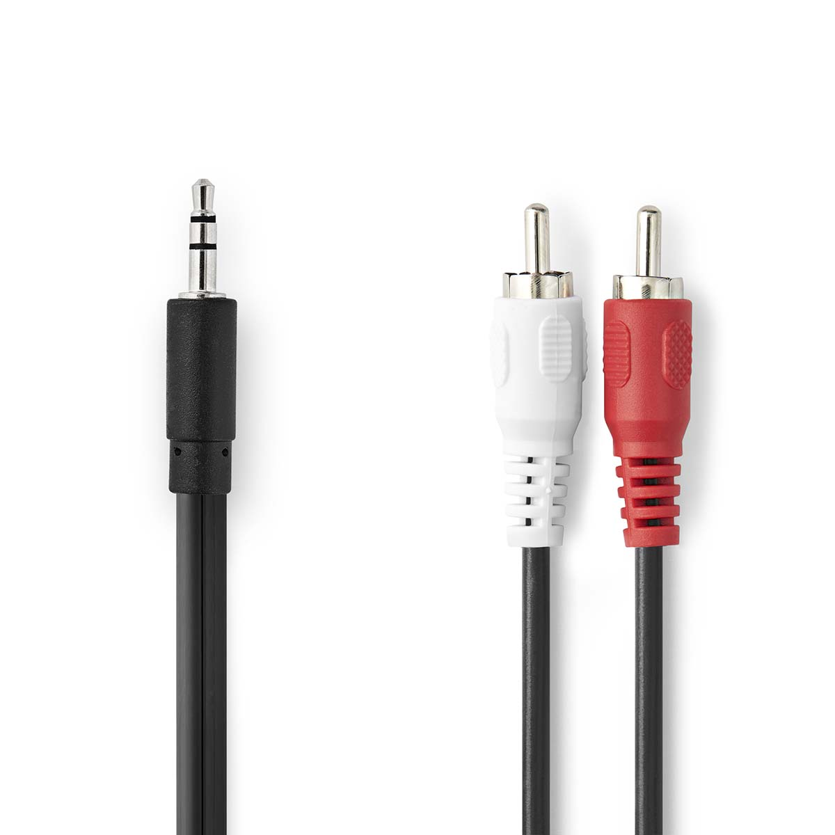 Jack audio 3,5 mm et deux connecteurs RCA. Câble noir pour jack, blanc et rouge pour RCA. Fond blanc.