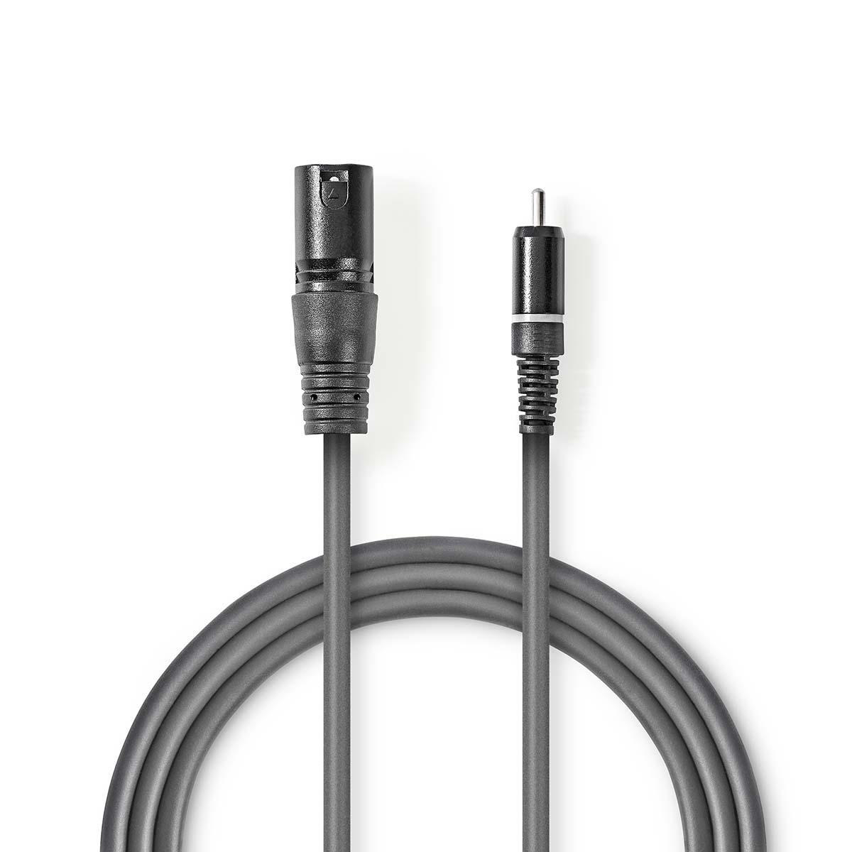 Grijze audiokabel met XLR- en RCA-connectoren. De kabel is opgerold.