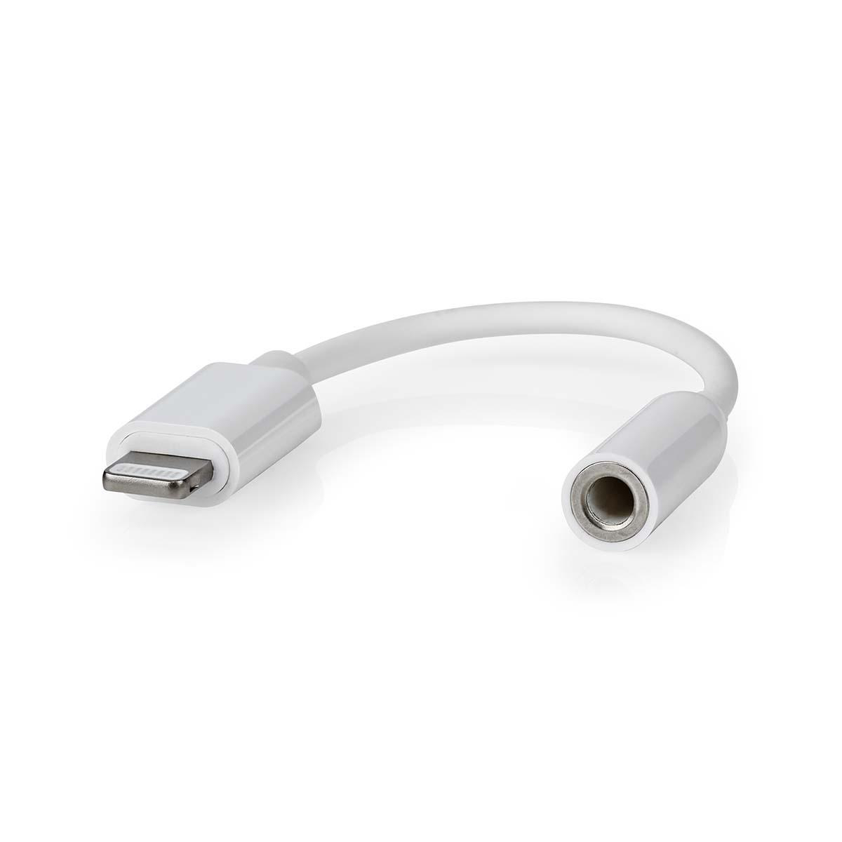 White adapter for a phone with a lightning connector and a 3.5mm audio jack.