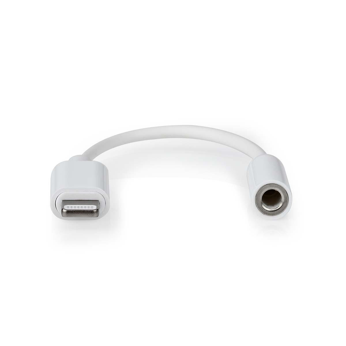 White adapter cable, a USB to a 3.5mm jack, on a white background.