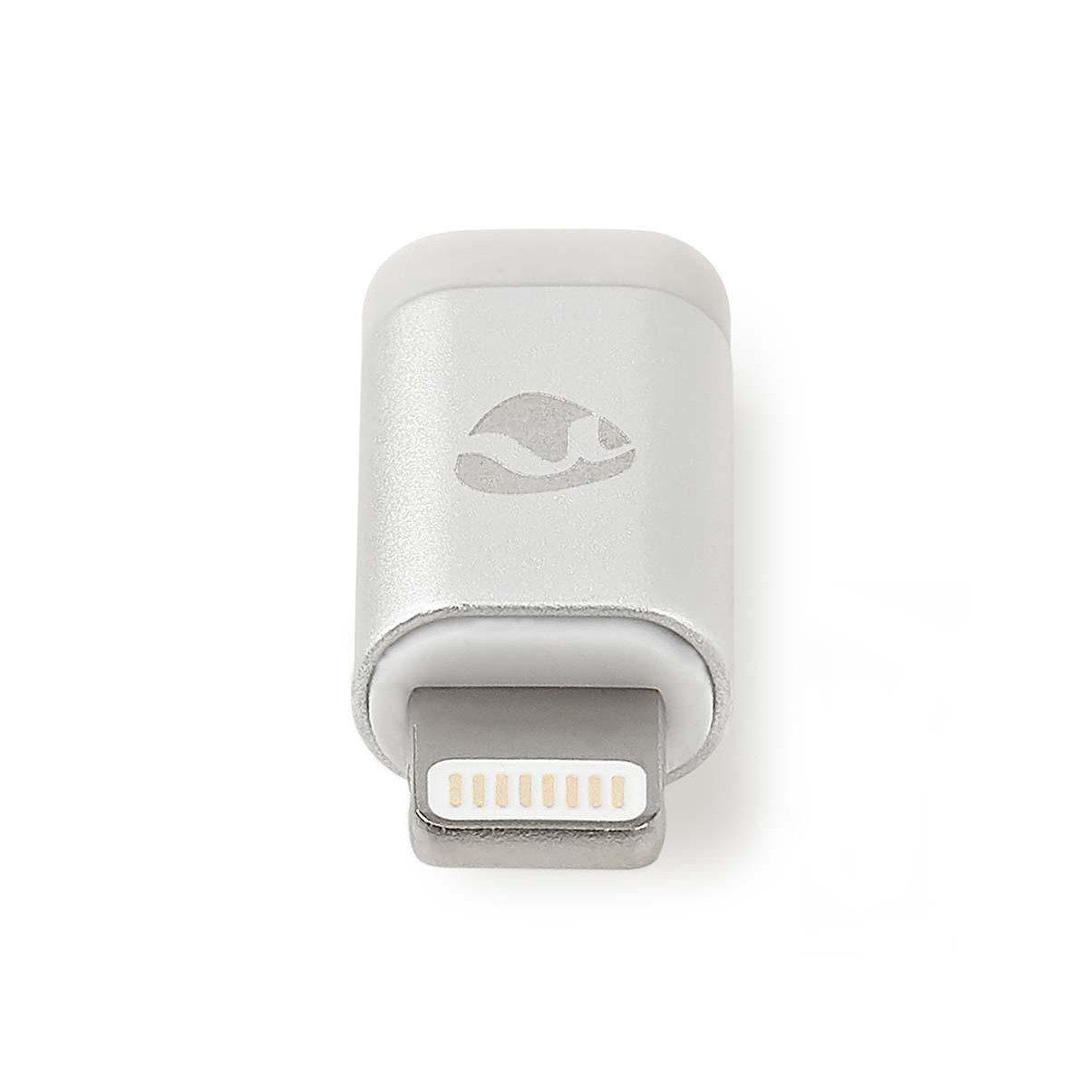 Adaptateur Lightning vers USB argenté avec logo, sur fond blanc.