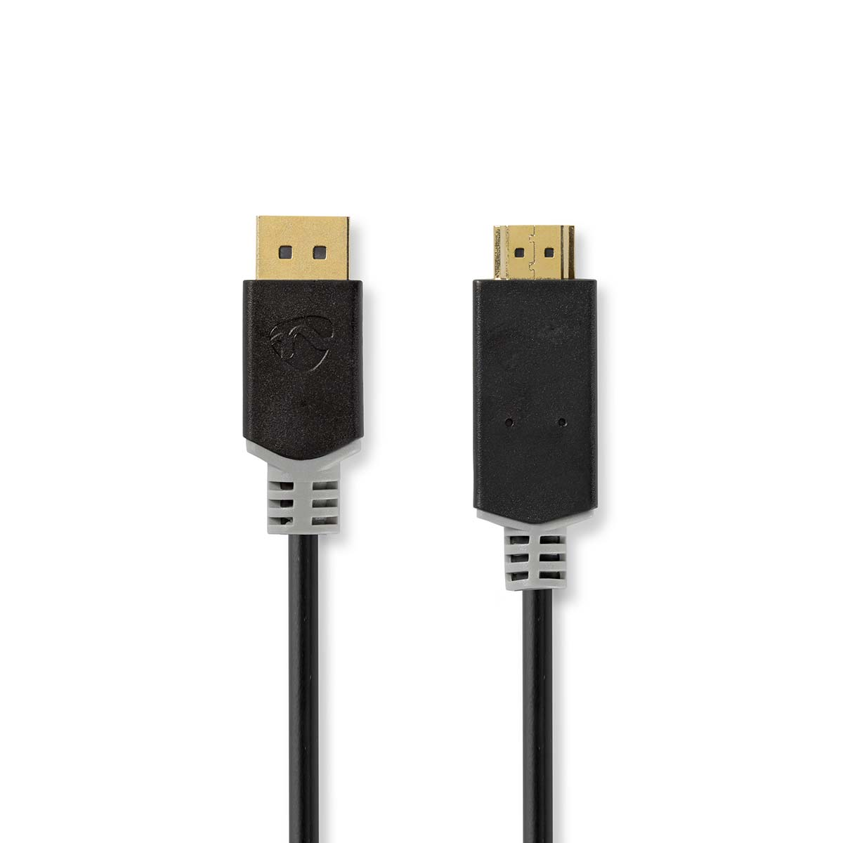 Schwarzes DisplayPort-Kabel mit Steckern, weißer Hintergrund.