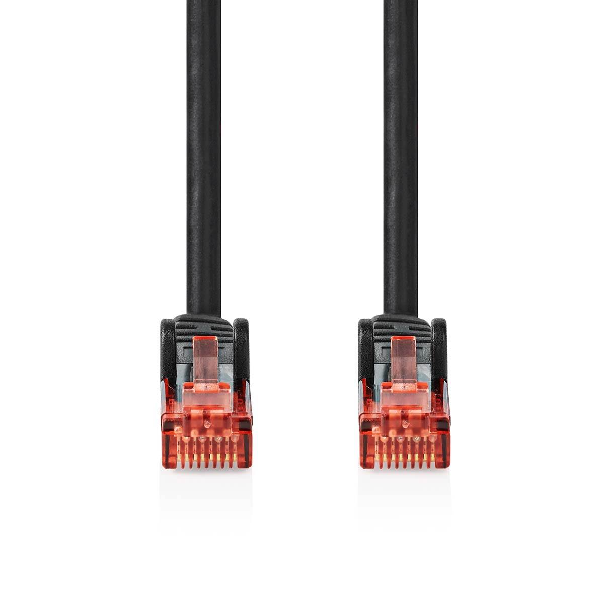 Due cavi di rete neri con connettori RJ45 su sfondo bianco.