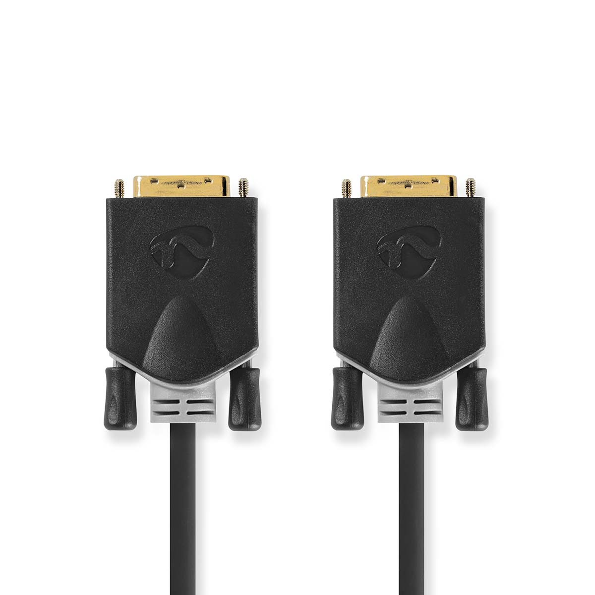 Zwei schwarze DVI-Kabel mit Anschlüssen an jedem Ende, auf weißem Hintergrund.